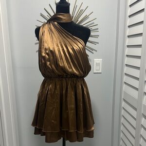 Express One-Shoulder Pleated Satin Mini Dress in Bronze